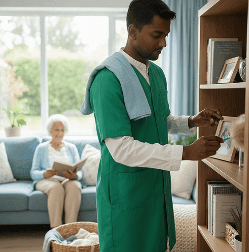 Care worker supporting a resident in a care home