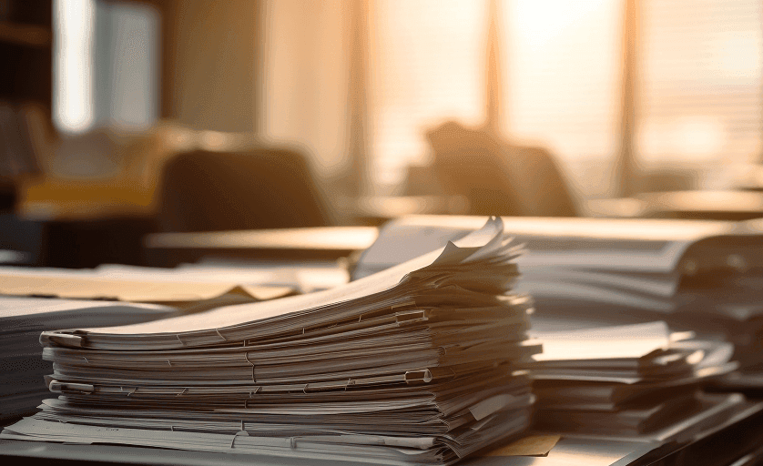 Stacks of prepared registration evidence documents on a desk