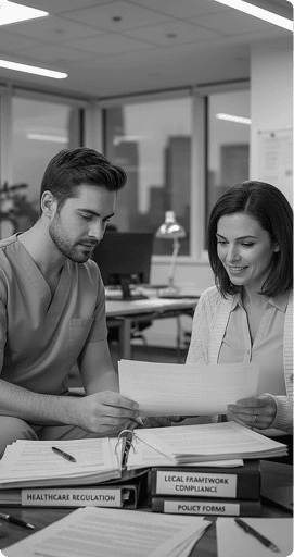 Care professionals reviewing compliance and tender documents