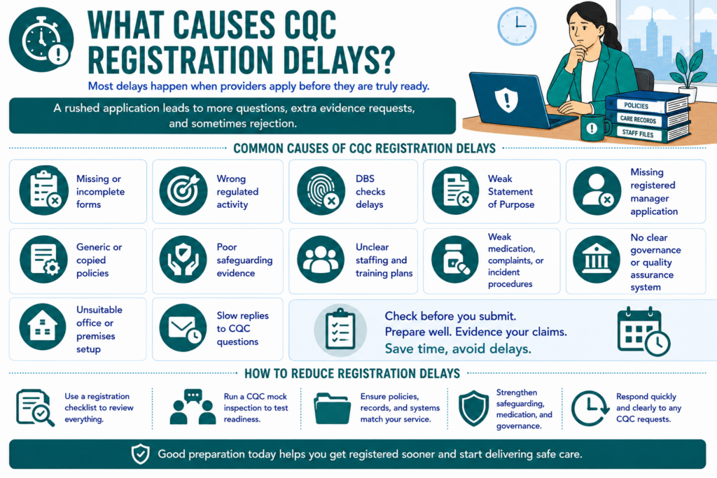 What causes CQC registration delays?