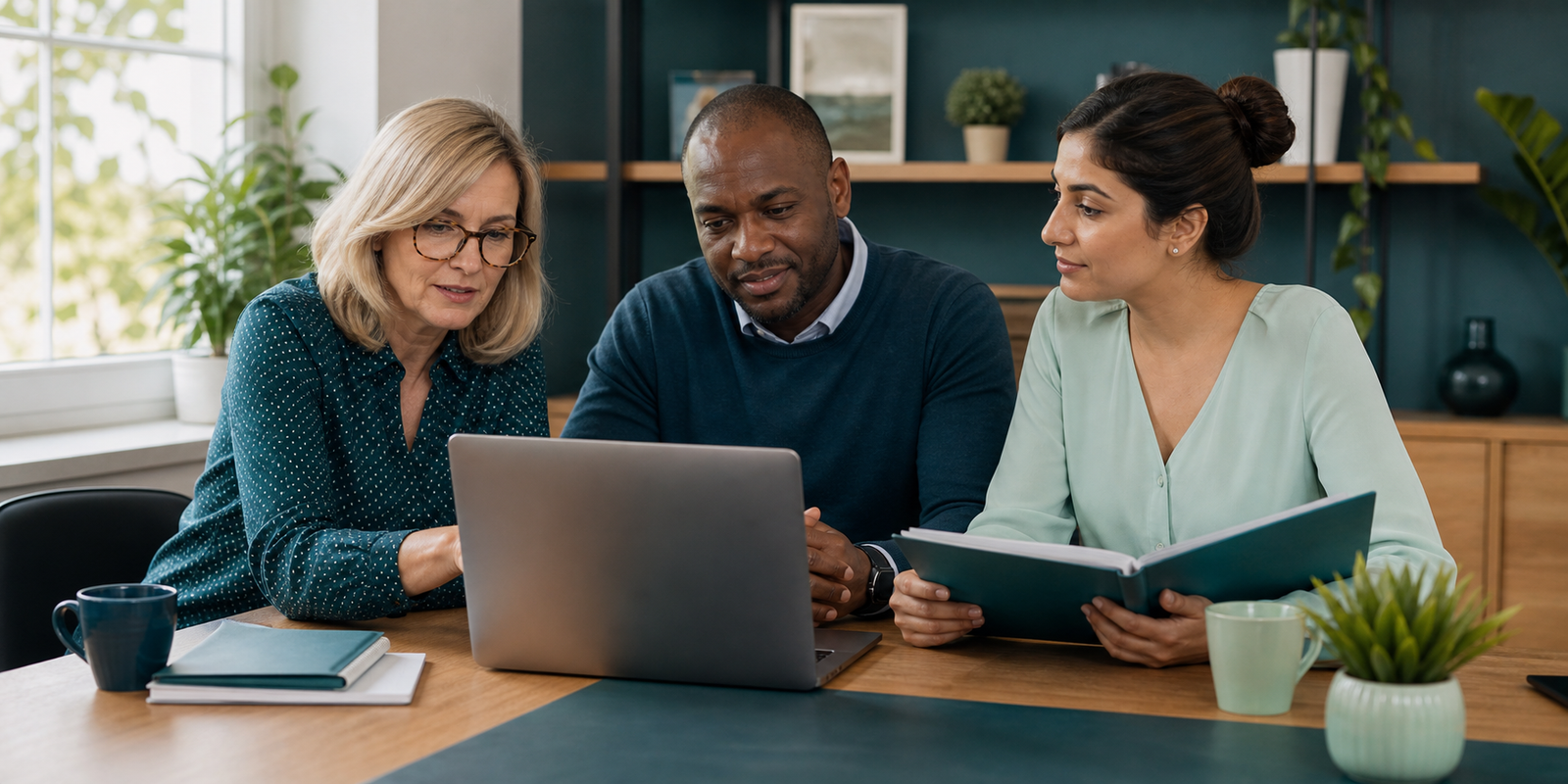 Three adult social care managers reviewing ASC-WDS workforce records and training evidence