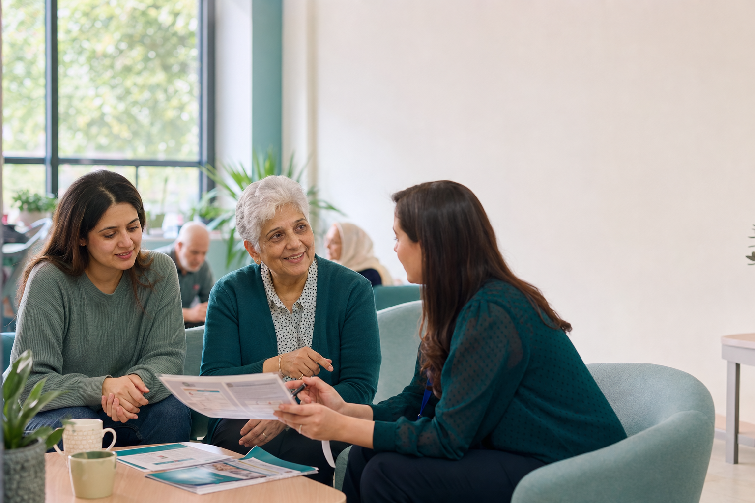 Dementia Support Service tender discussion with an older woman, family member and community service navigator
