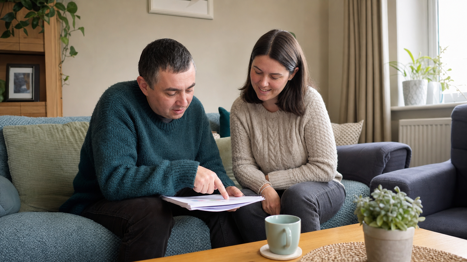 Adult and support worker reviewing a person-centred independence plan at home