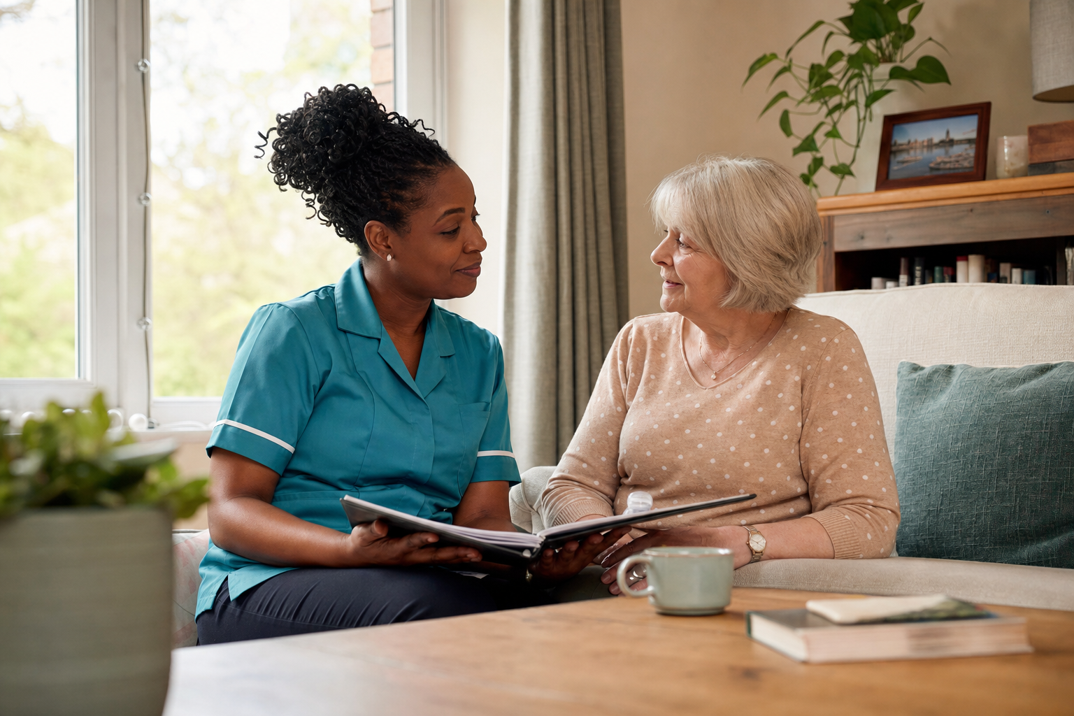 Homecare worker and older person reviewing a person-centred support plan at home